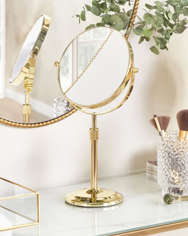 Sminkspegel Guld Metall ø 20 Dubbelsidig Vändbar Sminkbord Spegel Elegant Glamourdesign Sovrum Vardagsrum