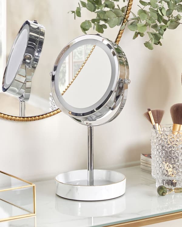 Sminkspegel Silver och Vit Järn Metallram Keramikbas ø 26 cm med LED-ljus 1x/5x Förstorande Dubbelsidig