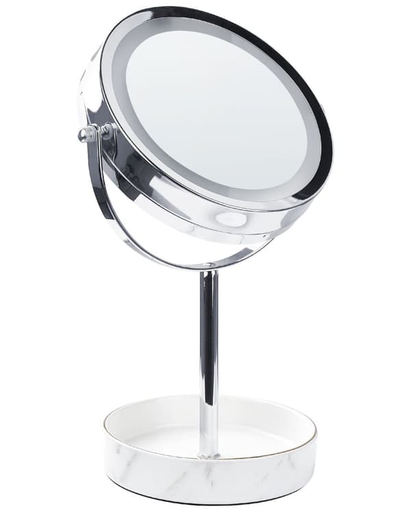 Sminkspegel Silver och Vit Järn Metallram Keramikbas ø 26 cm med LED-ljus 1x/5x Förstorande Dubbelsidig