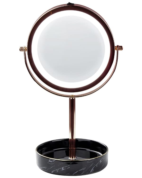 Sminkspegel Roséguld Järn Metallram Keramikbas ø 26 cm med LED-ljus 1x/5x Förstorande Dubbelsidig