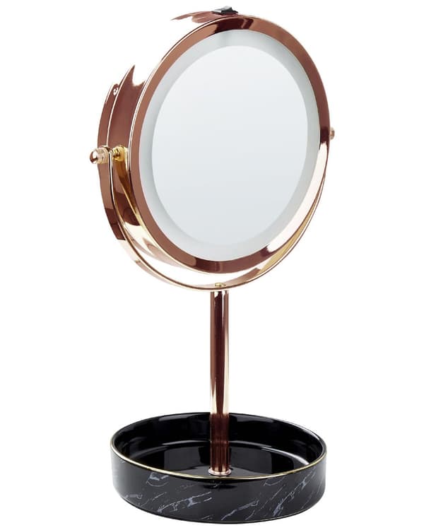 Sminkspegel Roséguld Järn Metallram Keramikbas ø 26 cm med LED-ljus 1x/5x Förstorande Dubbelsidig
