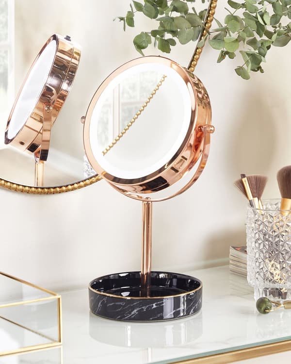 Sminkspegel Roséguld Järn Metallram Keramikbas ø 26 cm med LED-ljus 1x/5x Förstorande Dubbelsidig