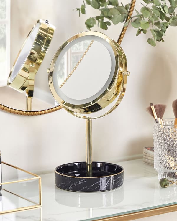 Sminkspegel Guld och Svart Järn Metallram Keramikbas ø 26 cm med LED-ljus 1x/5x Förstorande Dubbelsidig