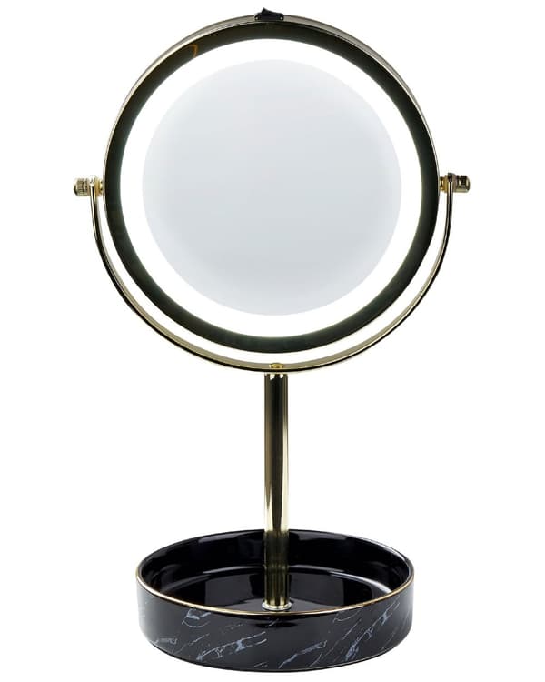Sminkspegel Guld och Svart Järn Metallram Keramikbas ø 26 cm med LED-ljus 1x/5x Förstorande Dubbelsidig