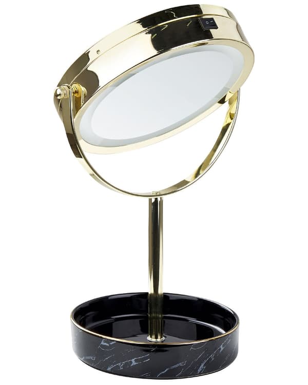 Sminkspegel Guld och Svart Järn Metallram Keramikbas ø 26 cm med LED-ljus 1x/5x Förstorande Dubbelsidig