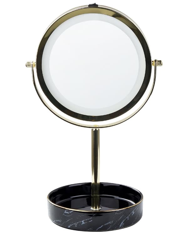 Sminkspegel Guld och Svart Järn Metallram Keramikbas ø 26 cm med LED-ljus 1x/5x Förstorande Dubbelsidig