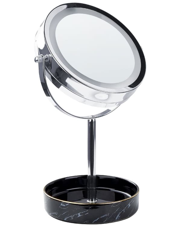 Sminkspegel Silver och Svart Järn Metallram Keramikbas ø 26 cm med LED-ljus 1x/5x Förstorande Dubbelsidig