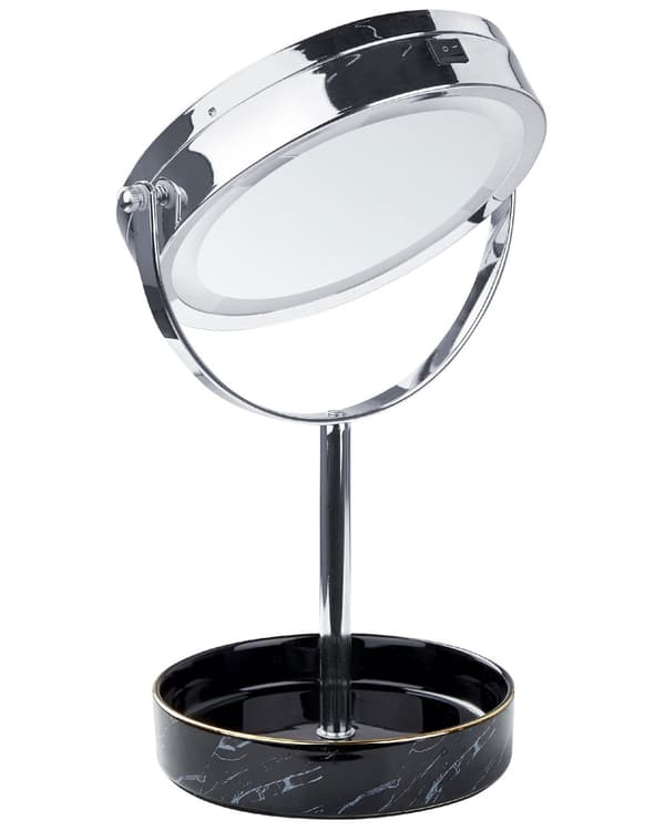 Sminkspegel Silver och Svart Järn Metallram Keramikbas ø 26 cm med LED-ljus 1x/5x Förstorande Dubbelsidig