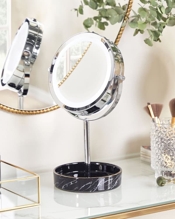 Sminkspegel Silver och Svart Järn Metallram Keramikbas ø 26 cm med LED-ljus 1x/5x Förstorande Dubbelsidig