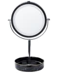 Miniatyrbild 1 av 9: Sminkspegel Silver och Svart Järn Metallram Keramikbas ø 26 cm med LED-ljus 1x/5x Förstorande Dubbelsidig