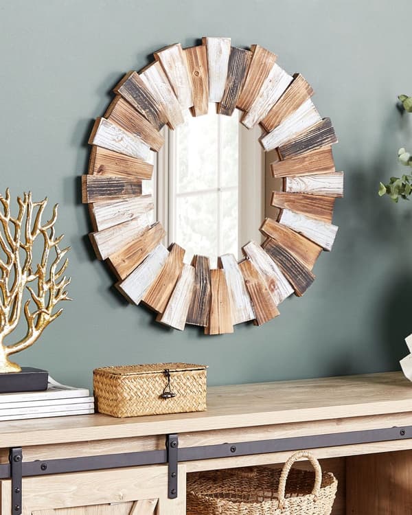 Väggspegel Ljust Trä MDF ø 66 cm Rund Dekorativ Handgjord Accentstycke Skandinavisk Stil