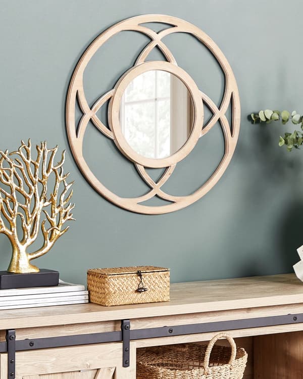 Vægspejl Lyst Træ MDF ø 60 cm Dekorativ Væghængt Rundt Spejl til Væg Design Entrespejl med Ramme Håndlavet Dekoration Glamour