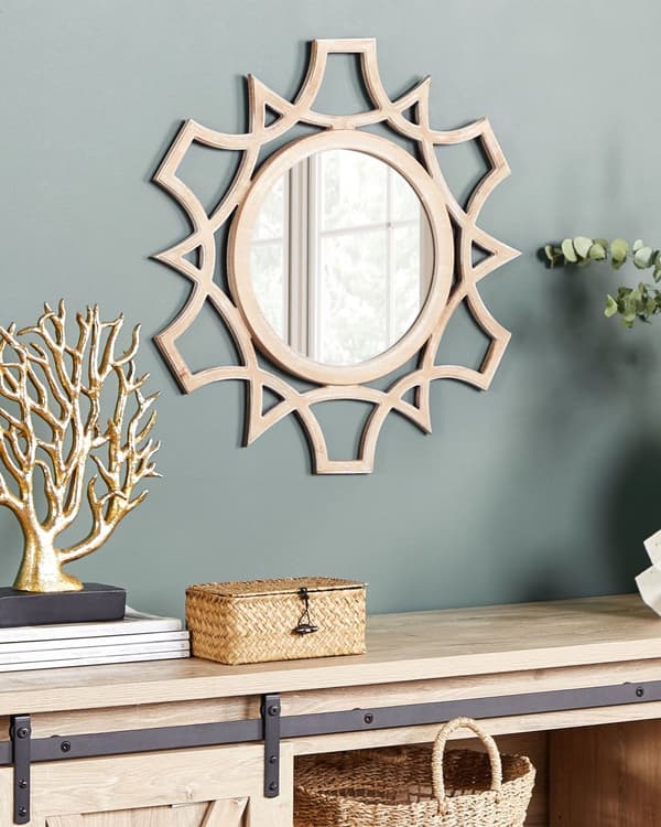 Vægspejl Lyst Træ MDF ø 60 cm Dekorativ Væghængt Rundt Spejl til Væg Design Entrespejl med Ramme Håndlavet Dekoration Glamour