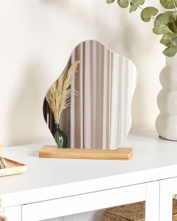 Dekorativt stående speil lys bambus tre 22 x 19 cm uregelmessig form massivt tre stativ Hjem Dekor