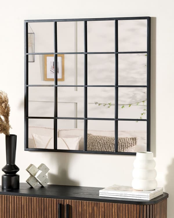 Speil Svart Metall Glass 78 x 78 cm Vindusformet Metallramme Industriell stil Moderne Dekorativt Veggspeil