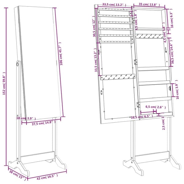 vidaXL fritstående spejlskab med LED-lys 42x38x152 cm sort