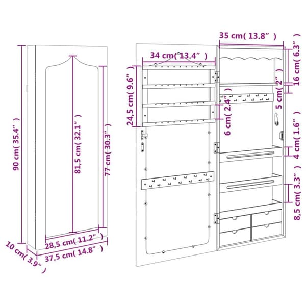 vidaXL Vegghengt smykkeskap med speil hvit 37,5x10x90 cm