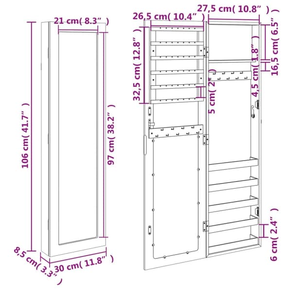 vidaXL Vegghengt smykkeskap med speil hvit 30x8,5x106 cm