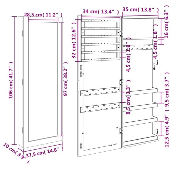 vidaXL Vegghengt smykkeskap med speil hvit 37,5x10x106 cm