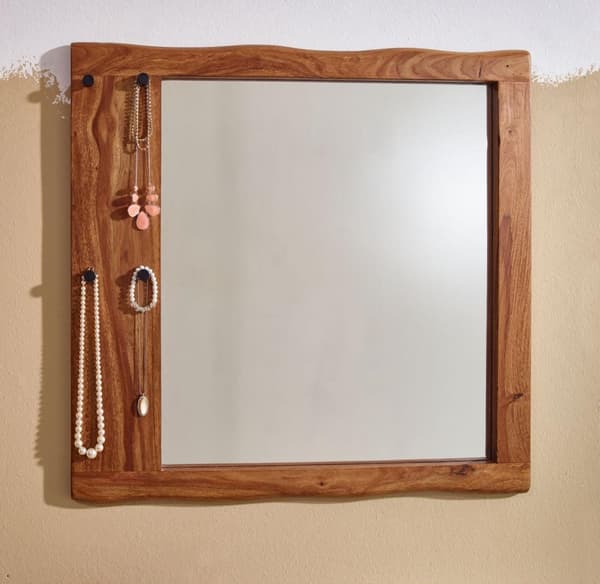 Rootz vægspejl massivt sheesham træ 80x80x3 cm design korridor spejl trækant - Hængende spejl moderne med kroge - Spejlvæg Large - Moderne garderobesp