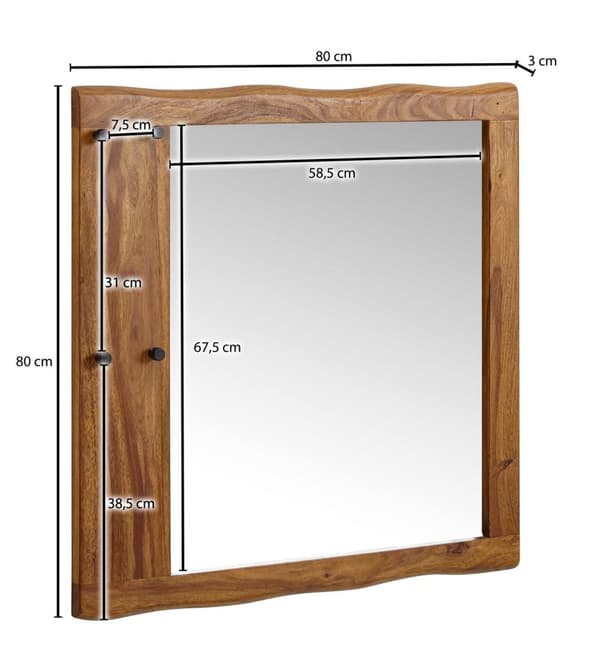 Rootz vægspejl massivt sheesham træ 80x80x3 cm design korridor spejl trækant - Hængende spejl moderne med kroge - Spejlvæg Large - Moderne garderobesp