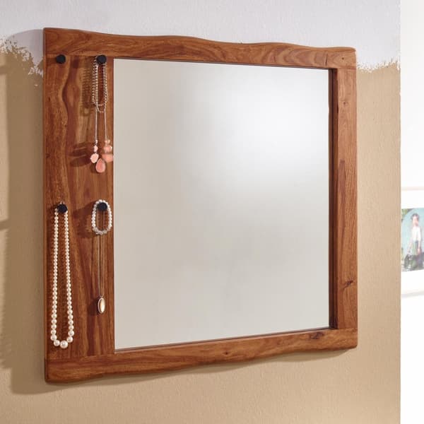 Rootz vægspejl massivt sheesham træ 80x80x3 cm design korridor spejl trækant - Hængende spejl moderne med kroge - Spejlvæg Large - Moderne garderobesp
