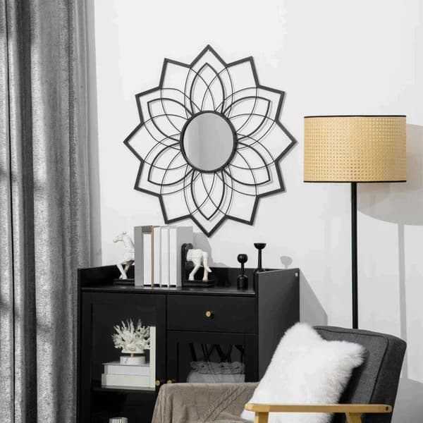 Rootzin pyöreä peili kukkakuvioilla - Seinäpeili - Peililasi - Metalli - MDF - Musta - 79 cm x 79 cm x 0,4 cm