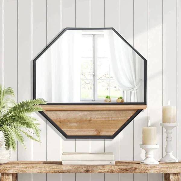 Rootz vægspejl - vægspejl med hylde - industrielt design - grantræ - metal - sort + natur - 61L x 8,4W x 61H cm