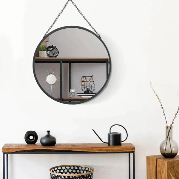 Rootz Rundt Spejl - Vægspejl - Soveværelsesspejl - Med dekorativt ophæng - Sølv + Sort - 50cm x 50cm x 2,2cm