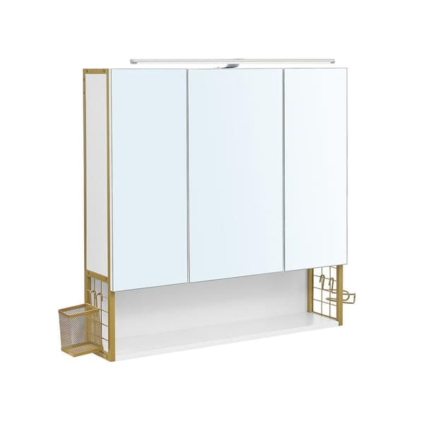 Rootz Spegelskåp - Badrumsskåp - Väggspegelskåp - Spegelskåp Med Belysning - Badrumsförvaringsskåp - Spånskiva/Stål/Glas - Vit-Guld - 70 x 14,5 x 70 c