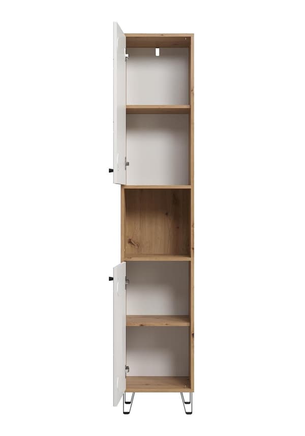 Rootz Tall Bathroom Cabinet - Storage Unit - Washroom Organizer - Bath Furniture - Towel Stand - Shelving System - White Matt Lacquer with Artisan Oak