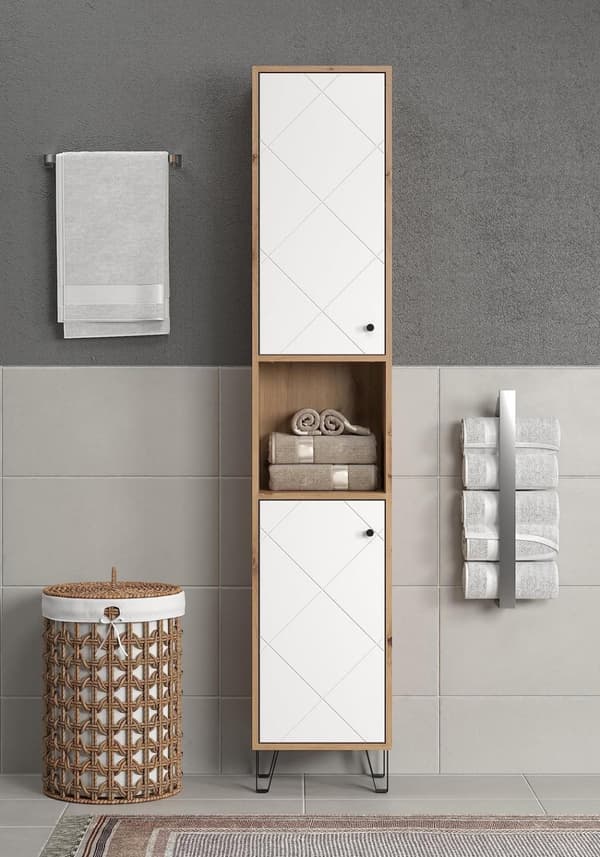 Rootz Tall Bathroom Cabinet - Storage Unit - Washroom Organizer - Bath Furniture - Towel Stand - Shelving System - White Matt Lacquer with Artisan Oak