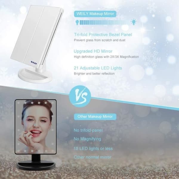 Sminkspegel 1x -2x-3x Trifold Sminkspegel med 21 LED-lampor och spegel