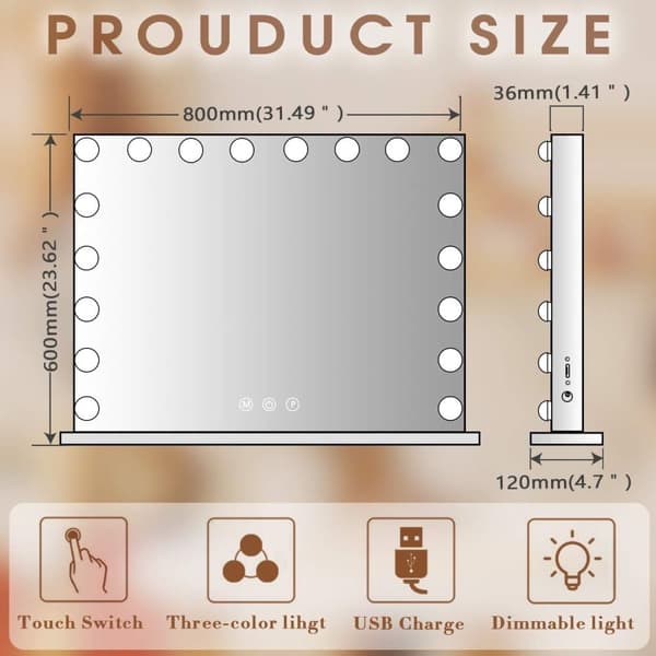 FENCHILIIN Stor Hollywood Makeup Spejl med lys USB bordplade vægbeslag hvid 80 x 58 cm