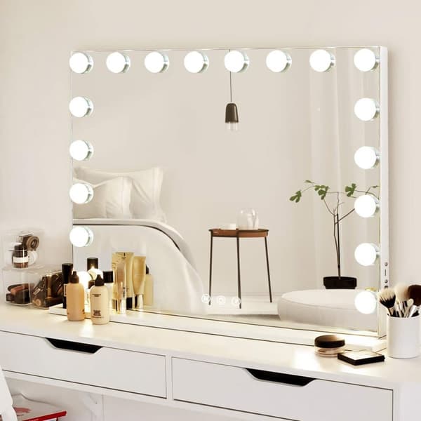 FENCHILIIN Stor Hollywood Makeup Spejl med lys USB bordplade vægbeslag hvid 80 x 58 cm
