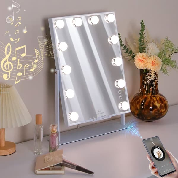 FENCHILIN Hollywood sminkspegel med lampor Bluetooth trådlös laddningsbordsskiva Vit 30 x 41 cm spegel