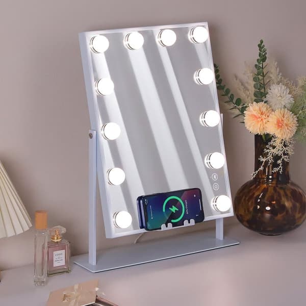 FENCHILIIN Hollywood meikkipeili valoilla Bluetooth langaton latauspöytä valkoinen 30 x 41cm peili