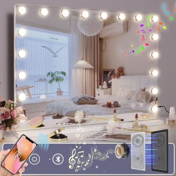 Fenchilin Stort Hollywood Sminkespeil med Lamper, Bluetooth Bordplate, Veggmontering, Hvit 80 x 58 cm - A - Som Ny