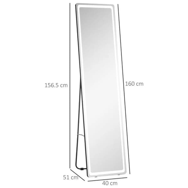 Rootz Dressing Spejl - Fuldlængde Spejl - 2 I 1 Led Light Fritstående Spejl - Justerbar - Aluminium/Glas - Sølv/Sort - 40 cm x 51 cm x 156,5 cm