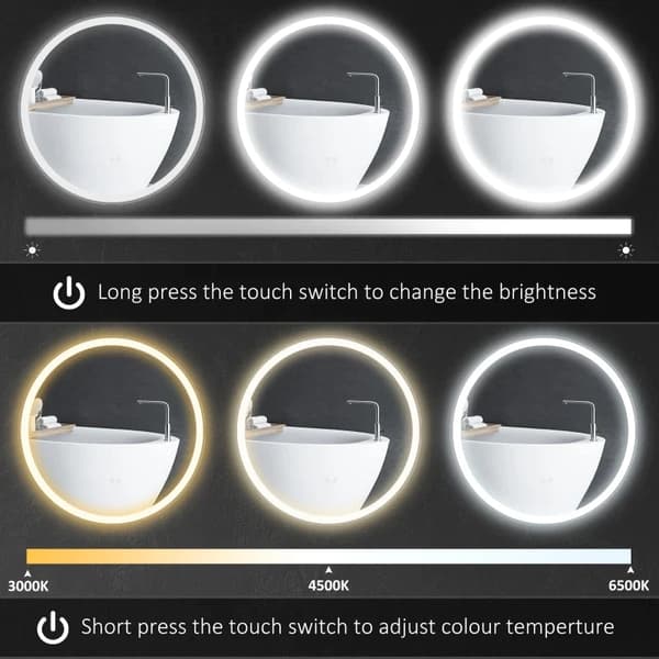 Rootz LED Badeværelsesspejl - Rundt - Touch Funktion - Hukommelsesfunktion - Ingen dug - Aluminiumsramme - Hvid+Sølv - 60 x 60 cm