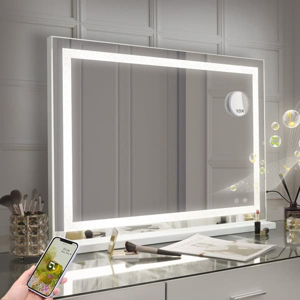 FENCHILIN 80 x 58 cm stor sminkspegel med belysning praktfulla kristallfinish hollywood spegel bluetooth högtalare Bordsskiva väggfäste Vit spegel