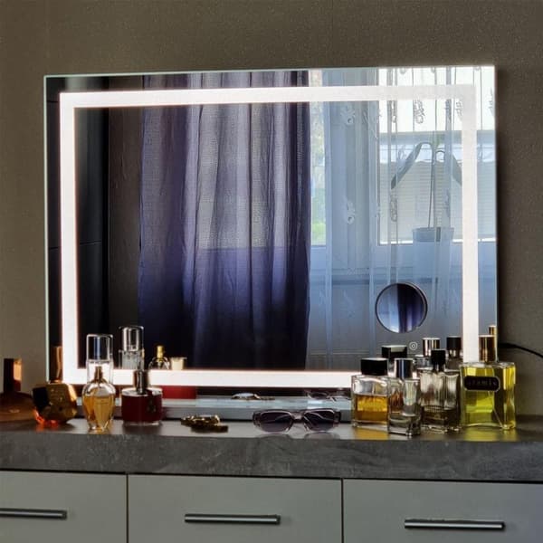 FENCHILIN 80 x 58 cm stor sminkspegel med belysning praktfulla kristallfinish hollywood spegel bluetooth högtalare Bordsskiva väggfäste Vit spegel