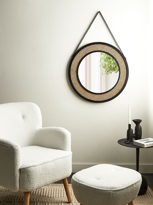 Veggspeil Lys Rotting Svart Metall Jern ø 70 cm Hengende Hjemmedekor Design Rund med stropp Stue Gang Soverom Boho Moderne