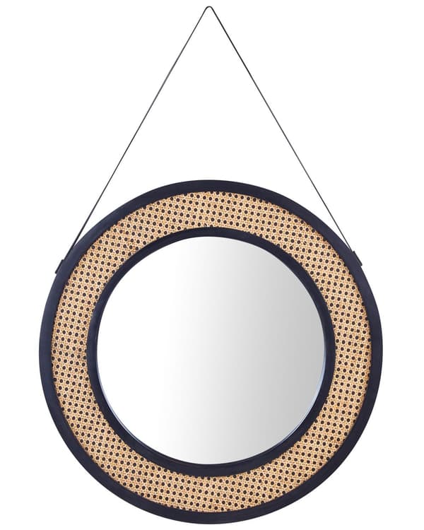 Vægspejl lys rattan naturlig sort metal ø 70 cm rund hængende på rem dekoration dekoration minimalistisk boho stue soveværelse entré