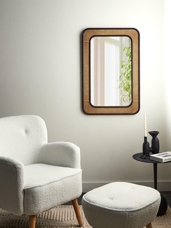 Väggspegel Ljus Trä Svart MDF 60 x 90 cm Hängande Heminredning Design Wiensk fläta Vardagsrum Hall Sovrum Boho Modern