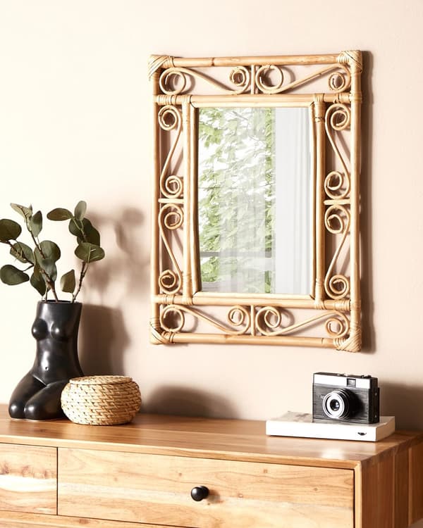 Vægspejl Rattan 41 x 52 cm Dekorativ Spejl med Træramme til Væg Design Entrespejl Rektangulær Design Dekoration Træspejl Scrollwork Mønster