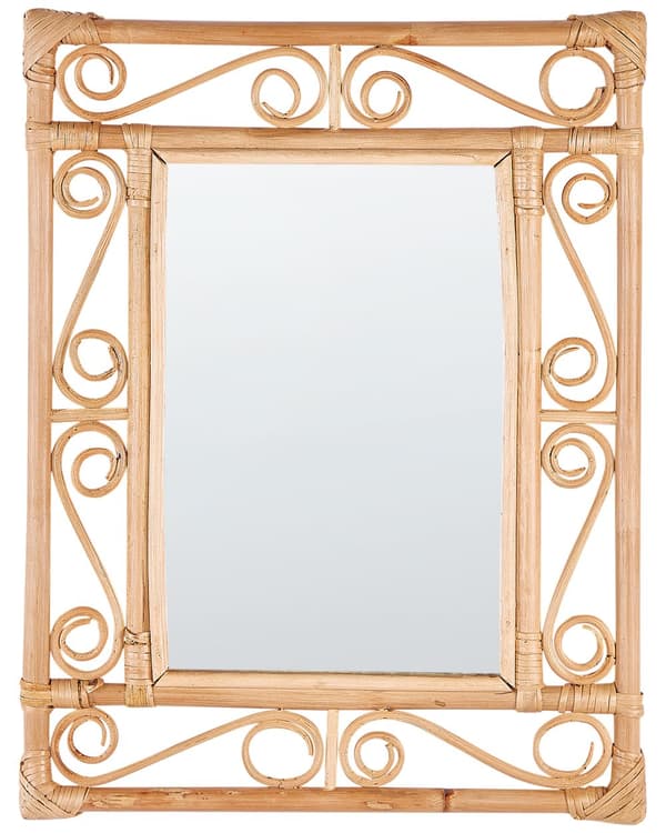 Vægspejl Rattan 41 x 52 cm Dekorativ Spejl med Træramme til Væg Design Entrespejl Rektangulær Design Dekoration Træspejl Scrollwork Mønster