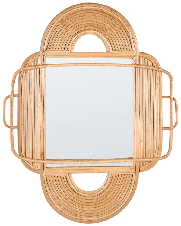 Vægspejl Rattan 70 x 90 cm Dekorativ Ovalt Spejl med Træramme til Væg Design Entrespejl Buet Design Dekoration
