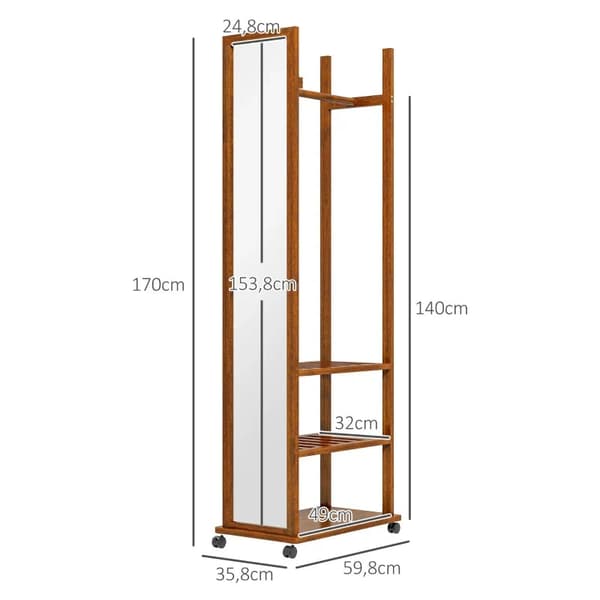 Rootz 2-i-1 spejl - Spejl i fuld længde - Toiletborde og spejle - Garderobe - 1 tøjstang - 3 hylder - Fyrretræ - Naturlig - 35,8 x 59,8 x 170 cm