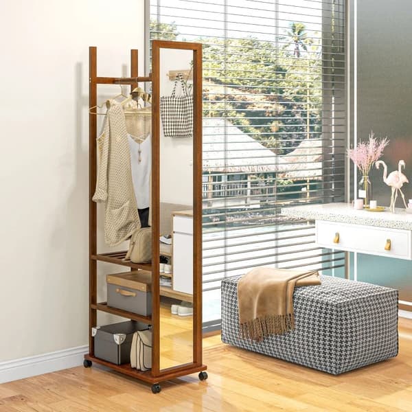 Rootz 2-i-1 spejl - Spejl i fuld længde - Toiletborde og spejle - Garderobe - 1 tøjstang - 3 hylder - Fyrretræ - Naturlig - 35,8 x 59,8 x 170 cm